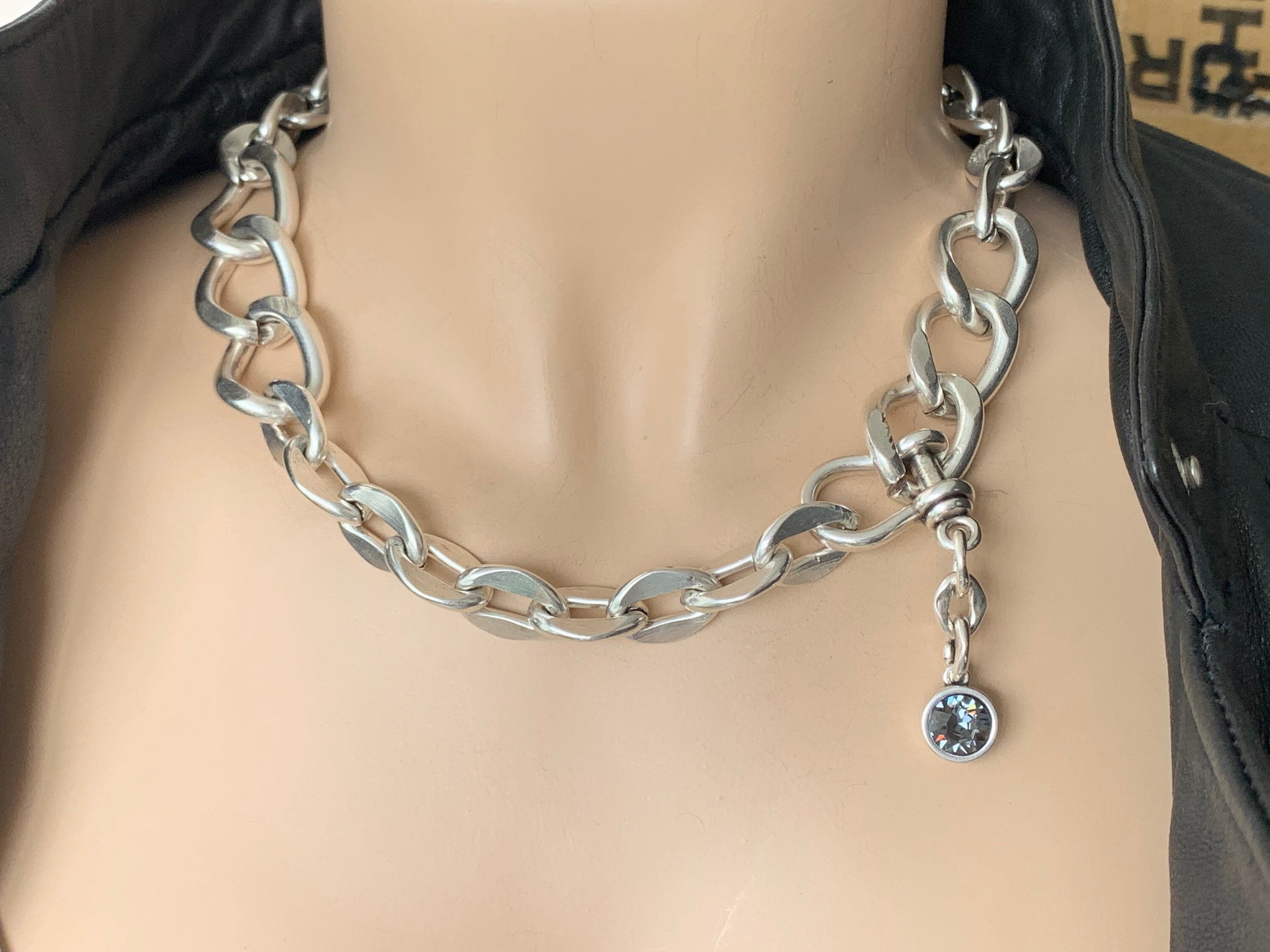 chunky chain silver heavyweight necklace, curb chain necklace, Silver chain choker, chunky Swarovski choker, bold necklace,  Style