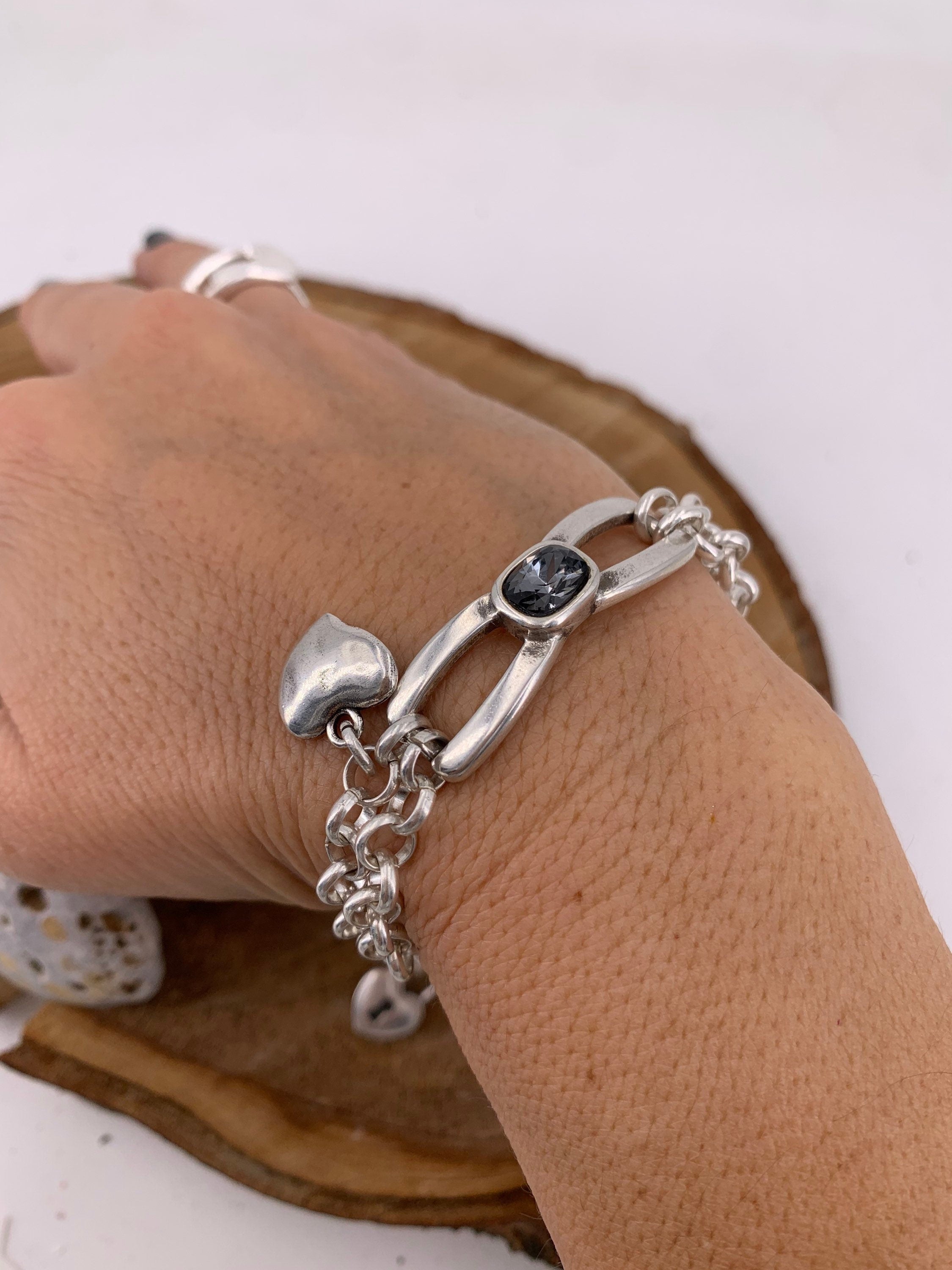 Silver chain bracelet, doble chain statement bracelet, silver chain Swarovski bracelet, chunky bracelet, rock bracelet,