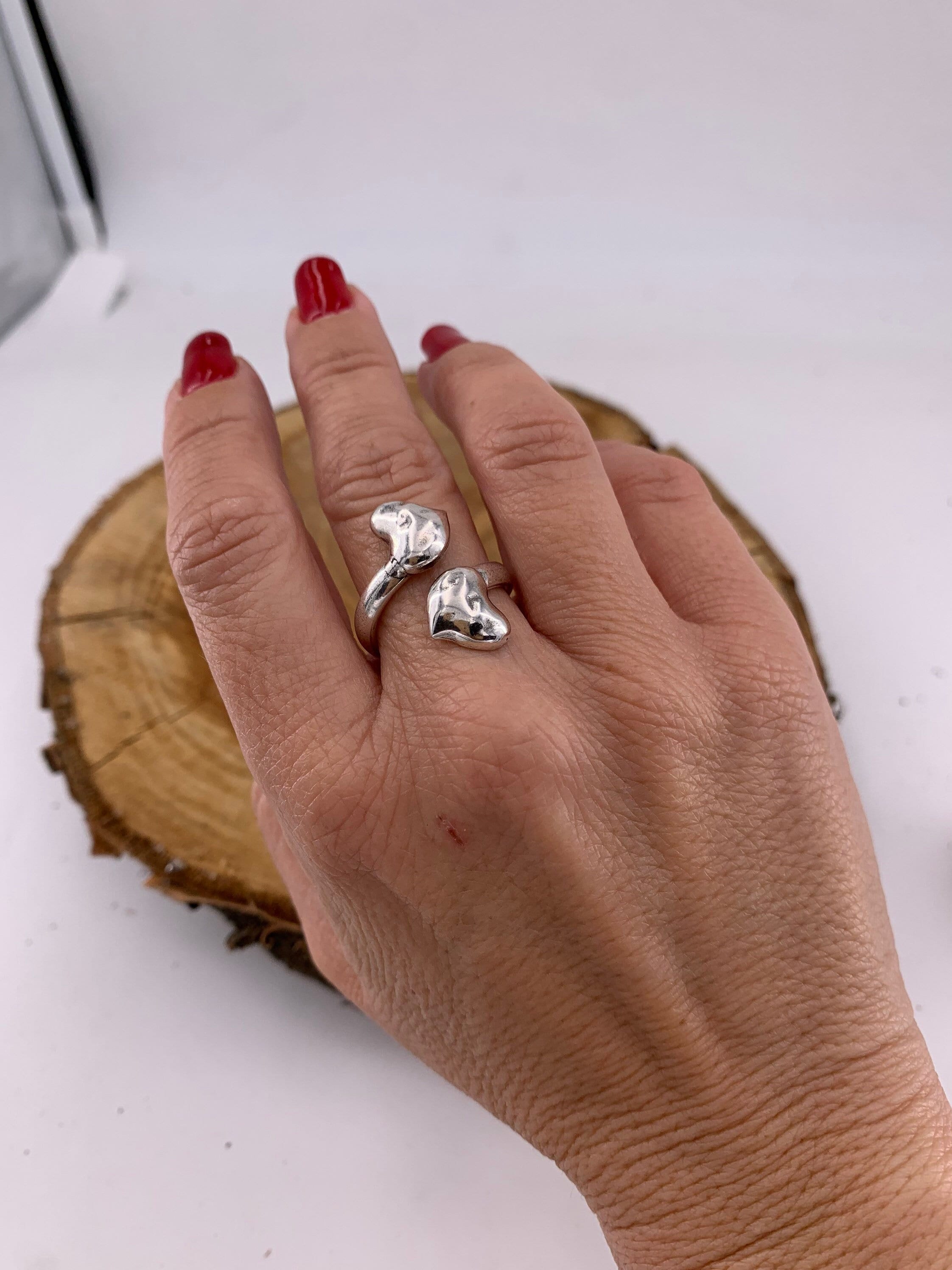 Anillo de plata grueso, anillo boho de plata, anillo de plata boho de doble corazón, anillo de corazón de plata, anillo de declaración, anillo de corazón grueso