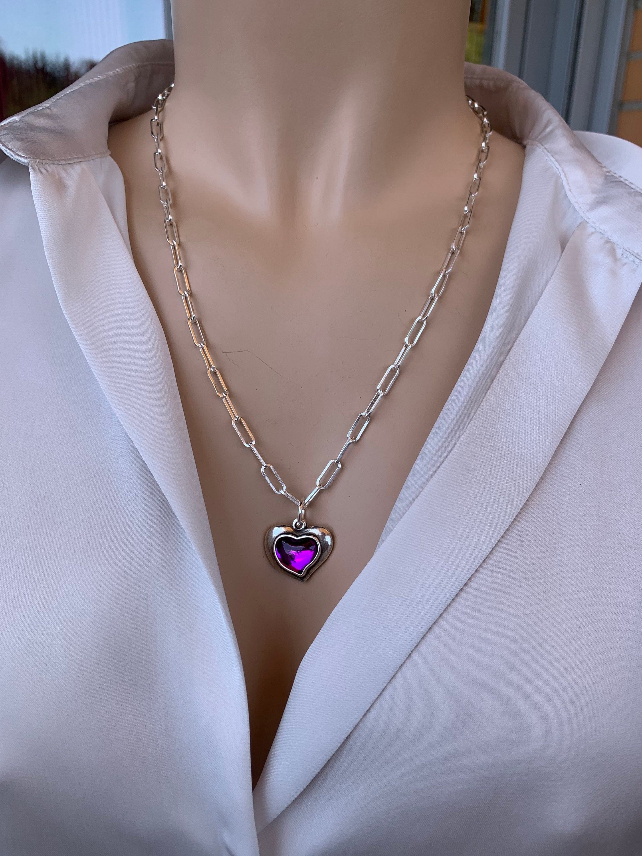 Boho silver chain heart pendant necklace, boho jewelry, delicate necklace, chain necklace, purple heart pendant necklace, statement necklace