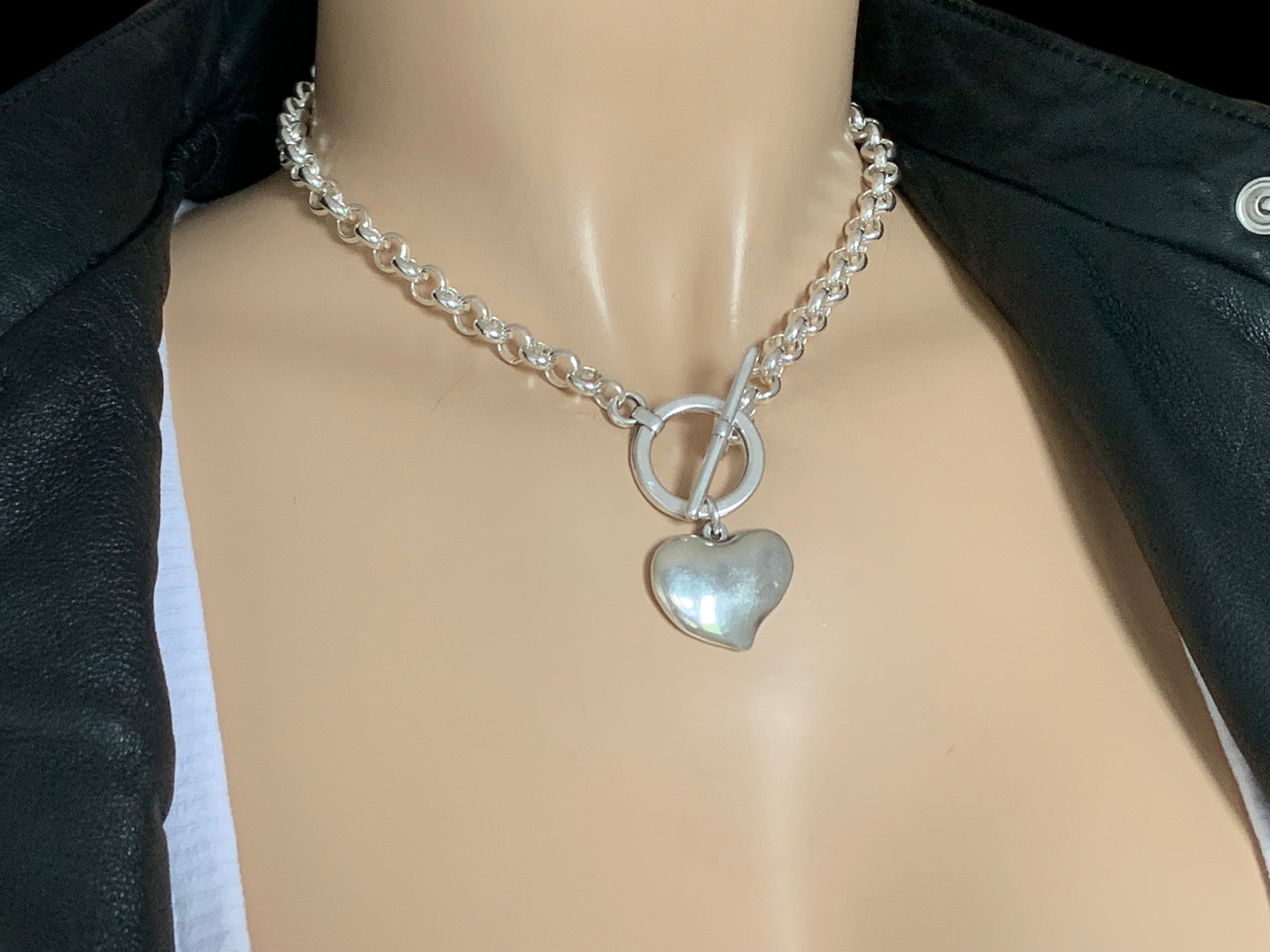 chunky silver necklace for women, toggle clasp silver chain necklace, heart choker, rolo chain necklace, T clasp necklace, heart pendant