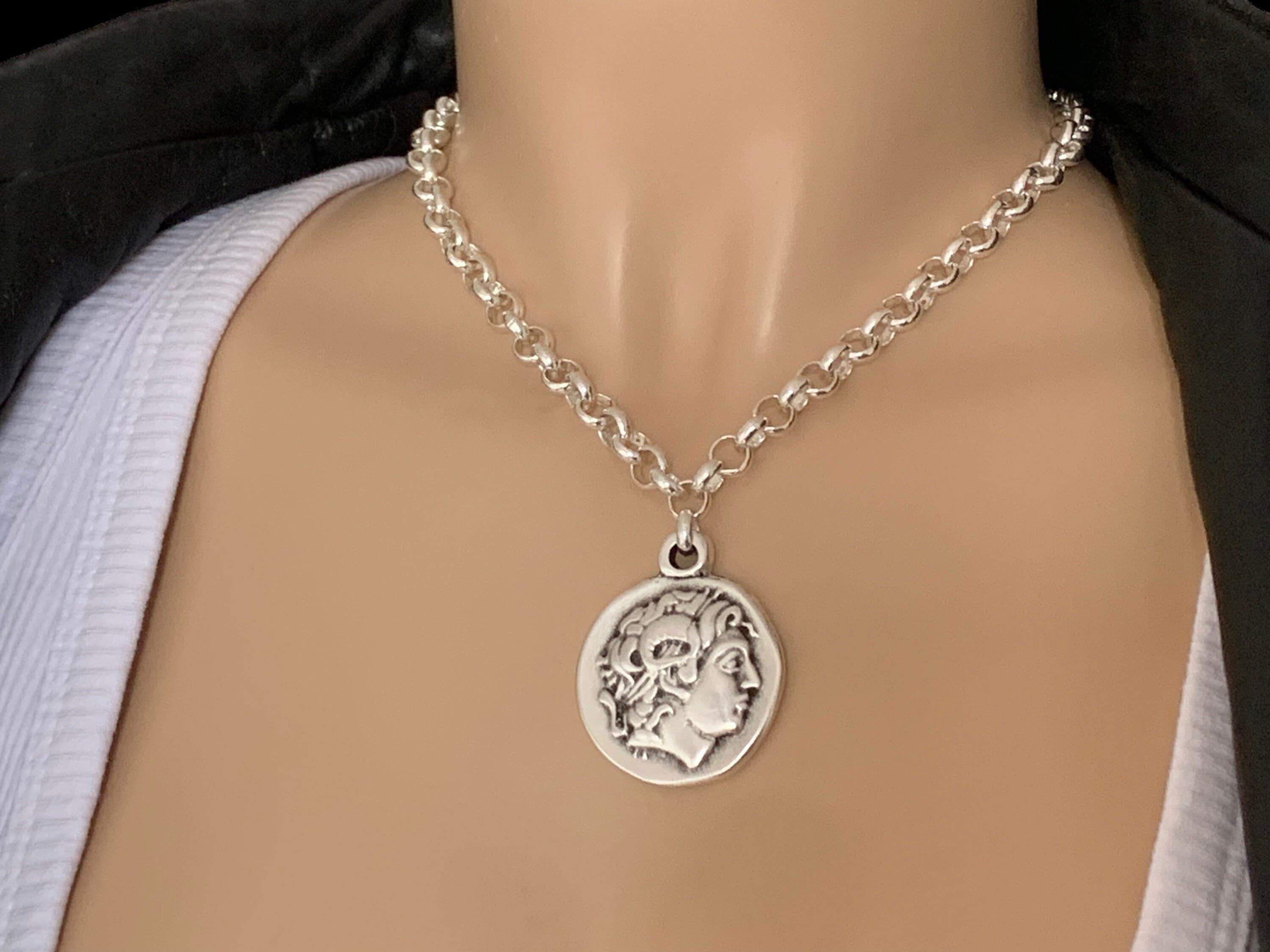 Greek coin pendant necklace, Chunky chain necklace, Silver necklace, statement necklace, rolo chain necklace, large pendant necklace, gift