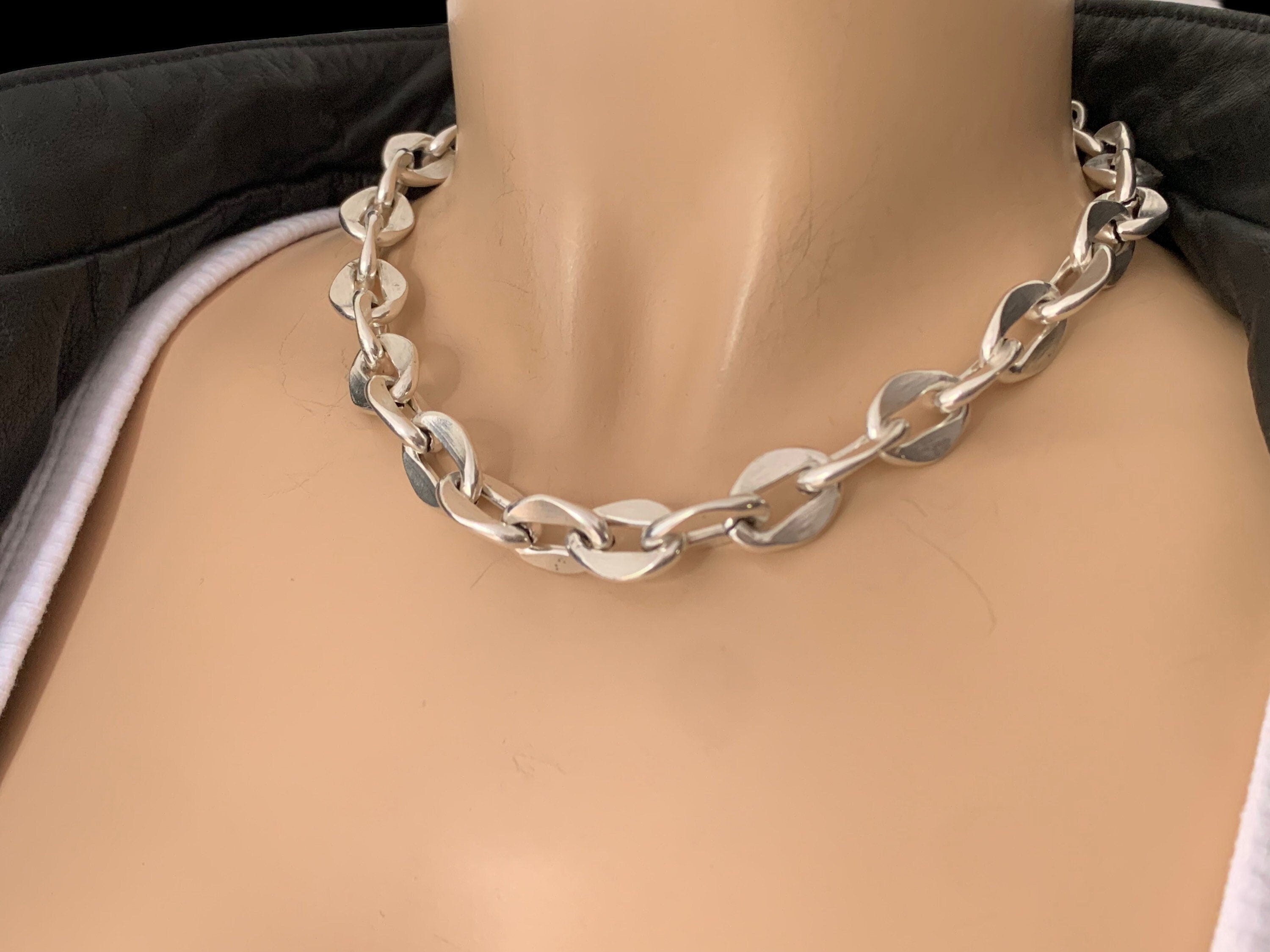 Thick chain silver choker , statement choker, silver chain statement necklace, chunky necklace, key and padlock necklace ,