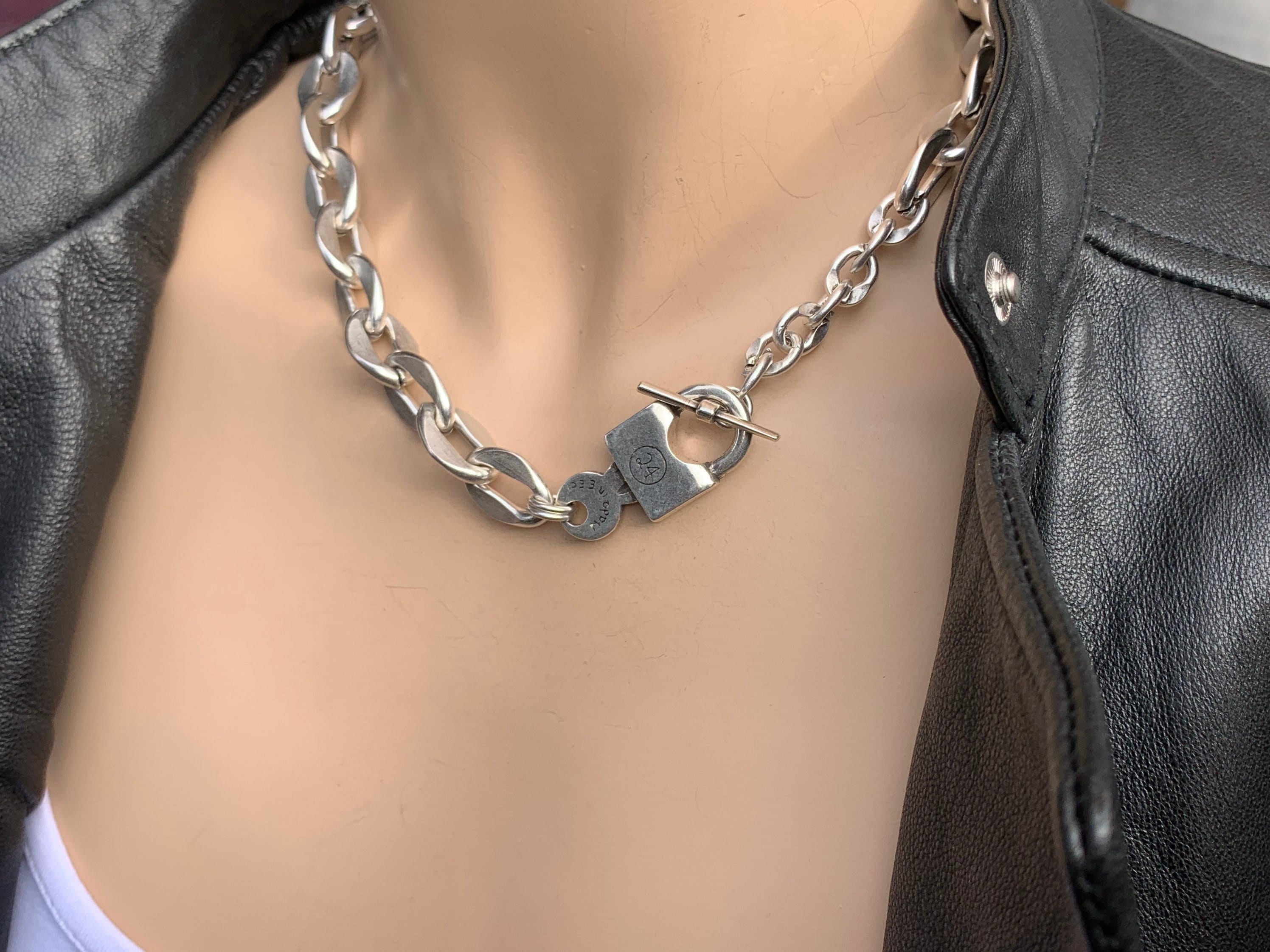 chunky chain silver necklace, bold chain choker, heavy silver chain necklace, chunky necklace, key and padlock necklace ,