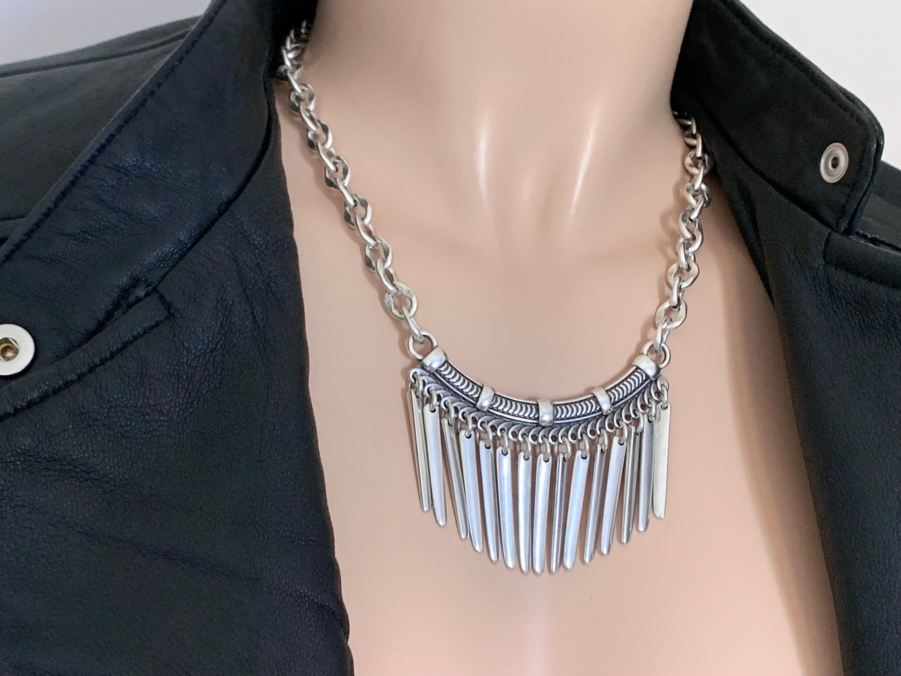 silver bib necklace, tribal necklace, statement necklace, chunky necklace, stunning necklace, ethnic necklace, spikes necklace, silver