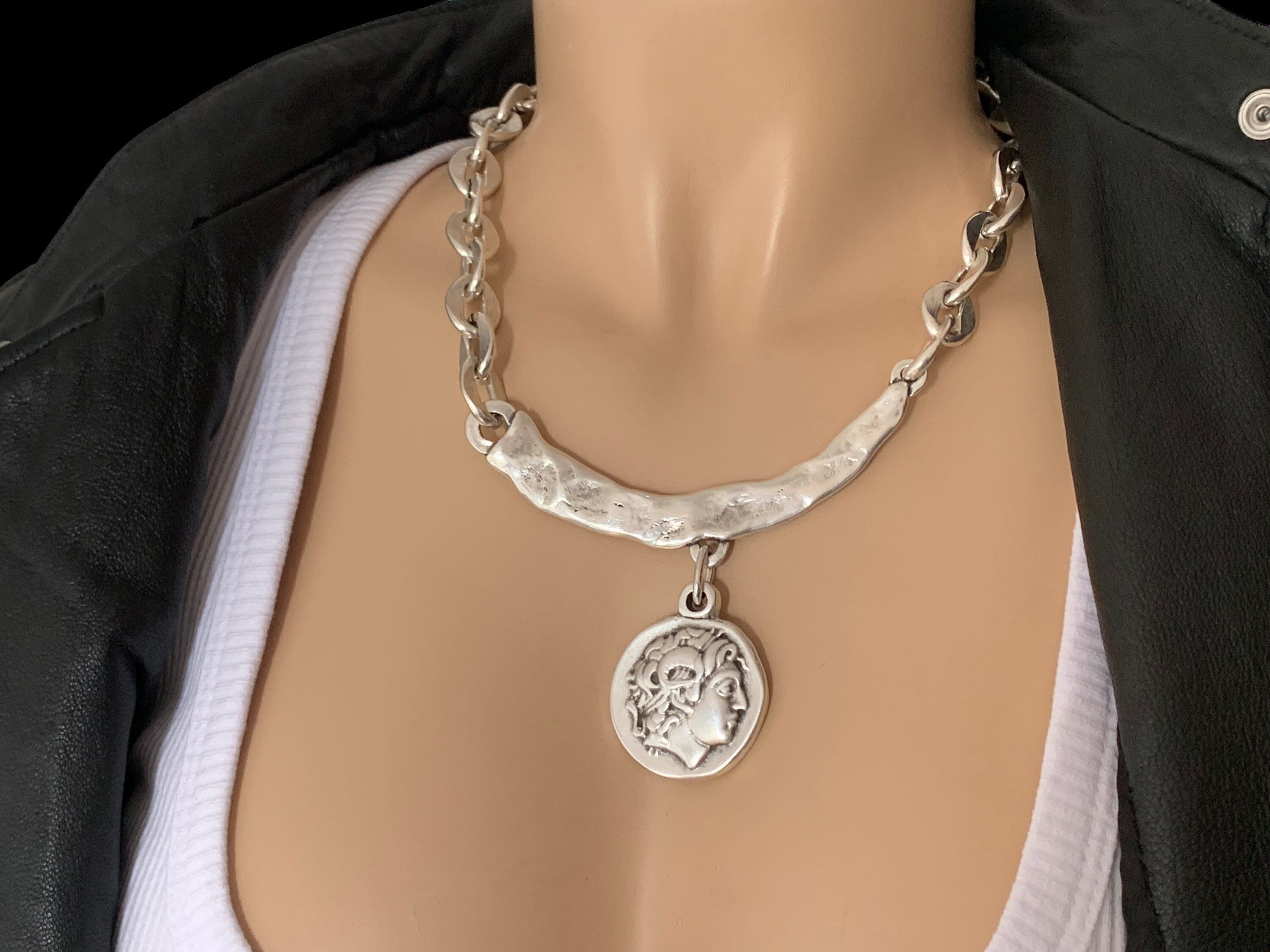 Big coin pendant chunky, silver heavy chain necklace, statement coin pendant chunky silver necklace, solid necklace, coin silver choker