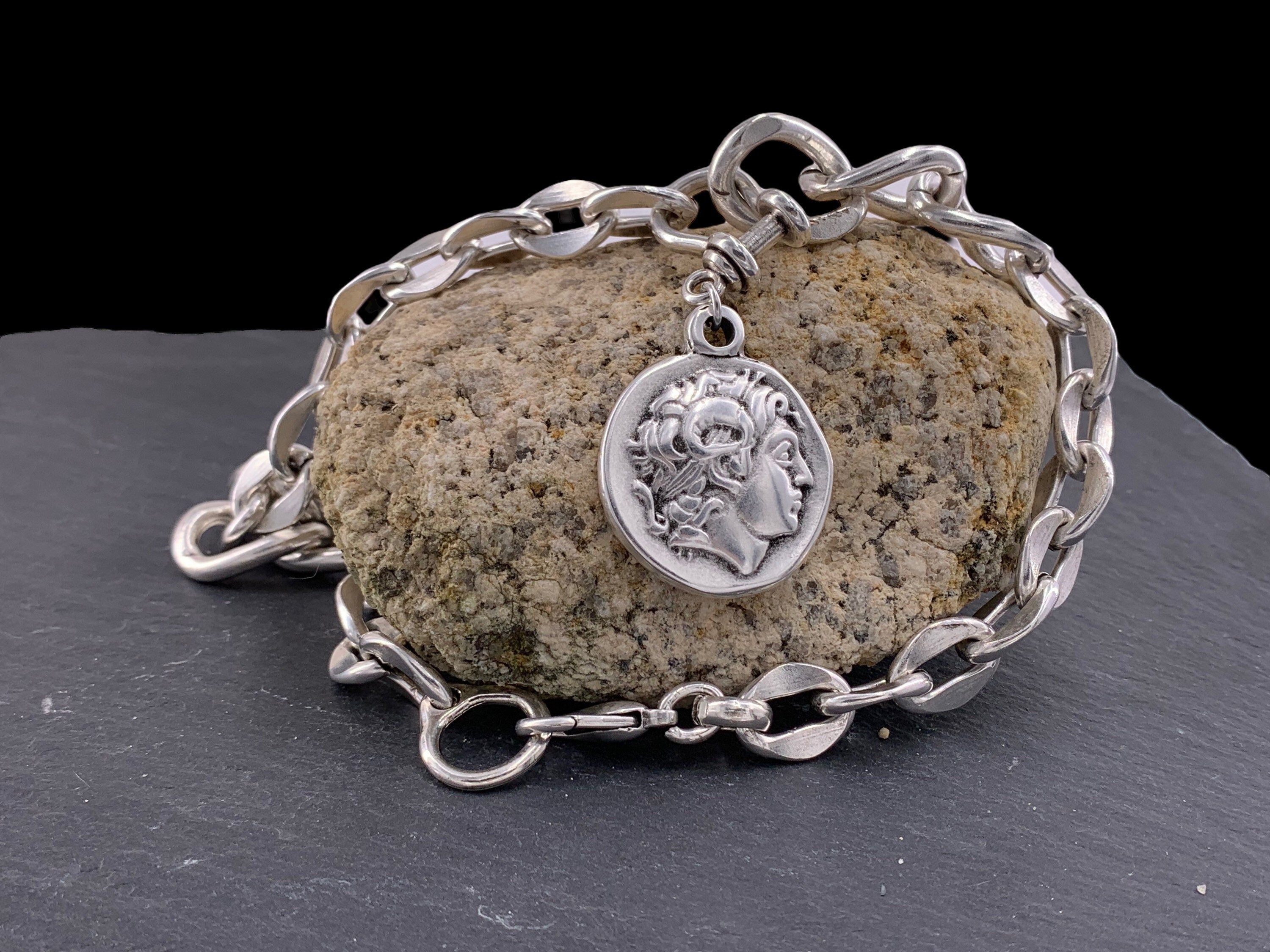 Colgante de moneda grande grueso, collar de cadena pesada de plata, collar de plata gruesa colgante de moneda de declaración, collar sólido, gargantilla de plata de moneda