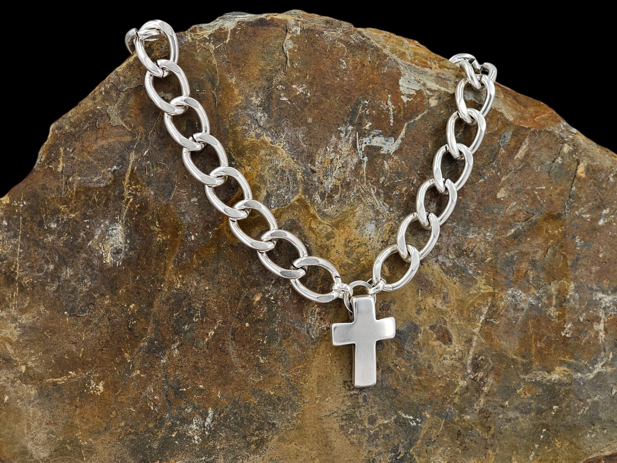 chunky cross pendant choker, chunky silver chain choker, cross pendant solid silver choker, heavyweight silver chain necklace, bold choker