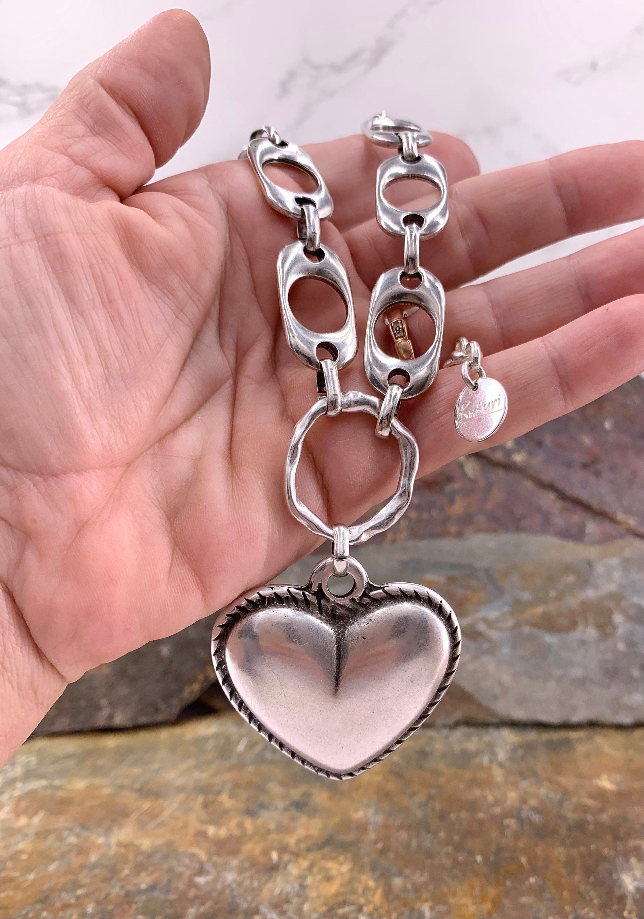 Heart pendant chunky silver chain choker, swarovski heart choker, bold chain choker,  statement silver choker, chunky link chain choker,