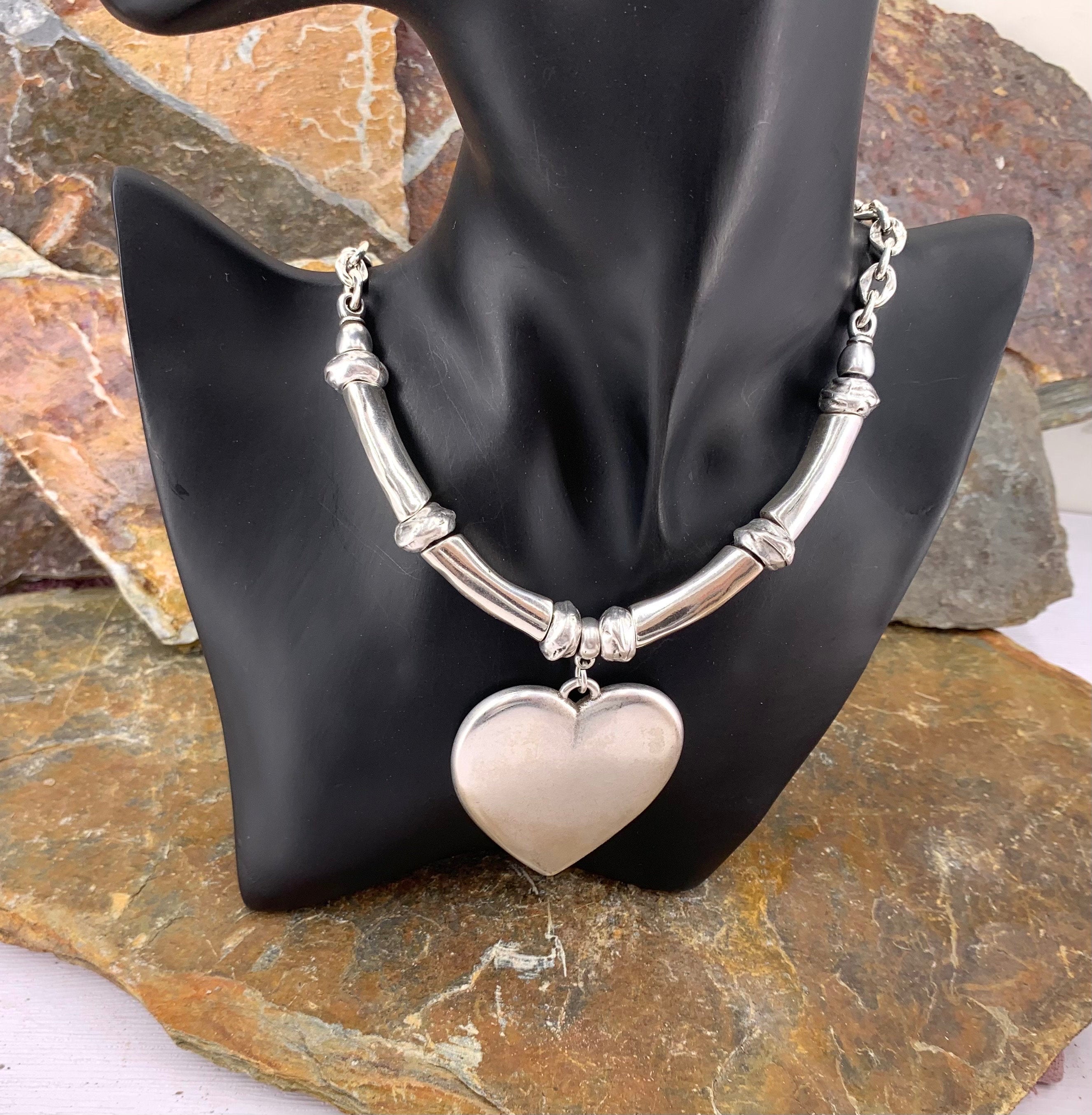 Collar de cadena pesada de plata gruesa con colgante de corazón grande, collar de plata gruesa con colgante de corazón de declaración, collar sólido, gargantilla de plata con monedas,