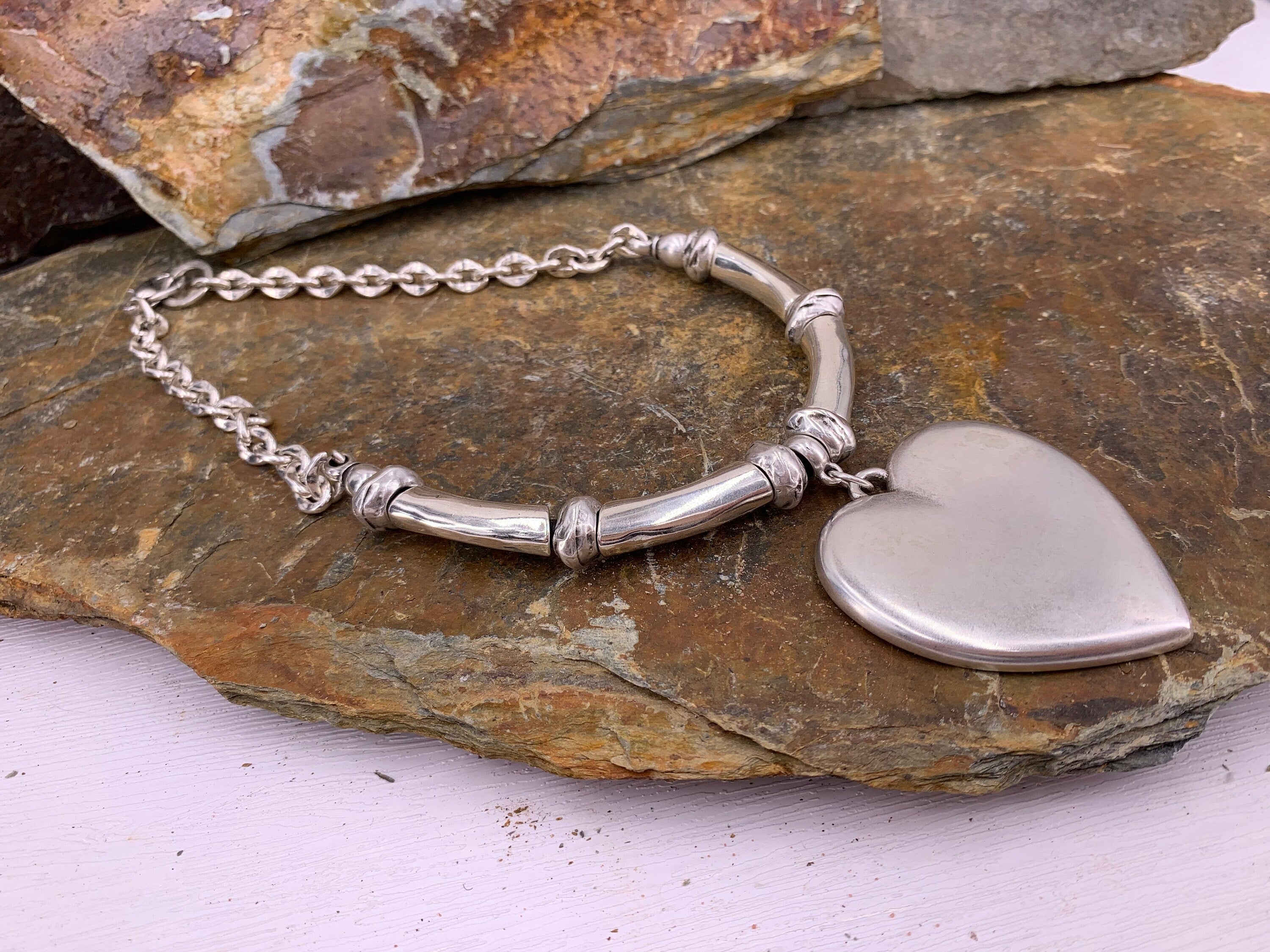 Big heart pendant chunky silver heavy chain necklace, statement heart pendant chunky silver necklace, solid necklace, coin silver choker,