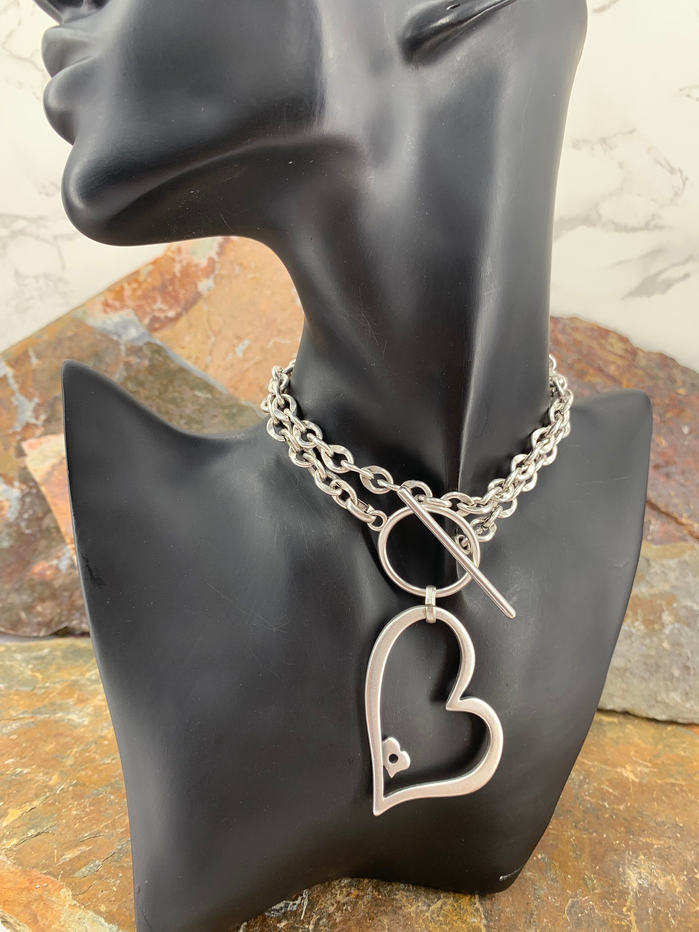 Heart pendant chunky silver chain choker, big silver heart choker, bold chain choker, wrap silver choker, toggle clasp chain choker,