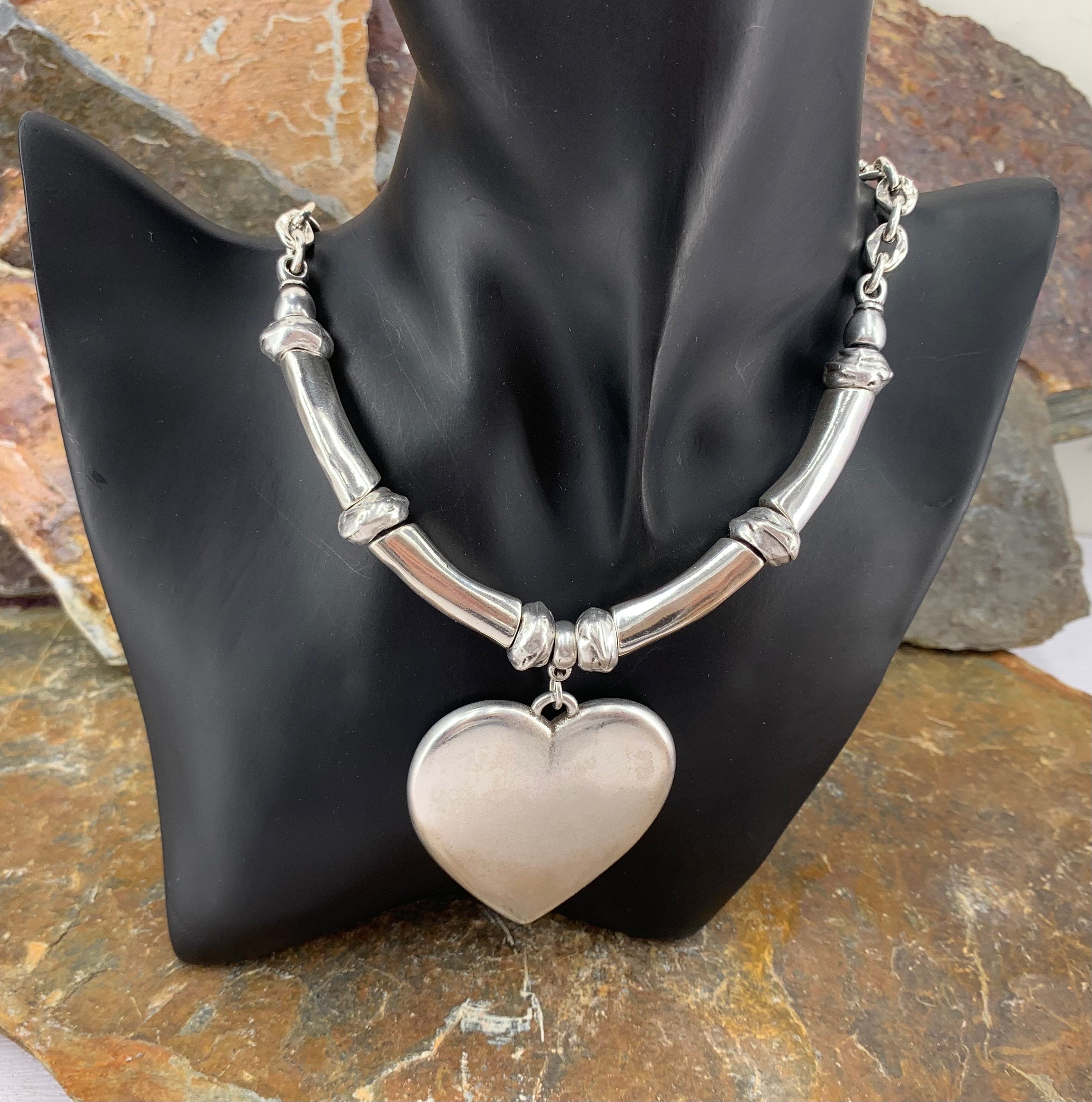 Big heart pendant chunky silver heavy chain necklace, statement heart pendant chunky silver necklace, solid necklace, coin silver choker,