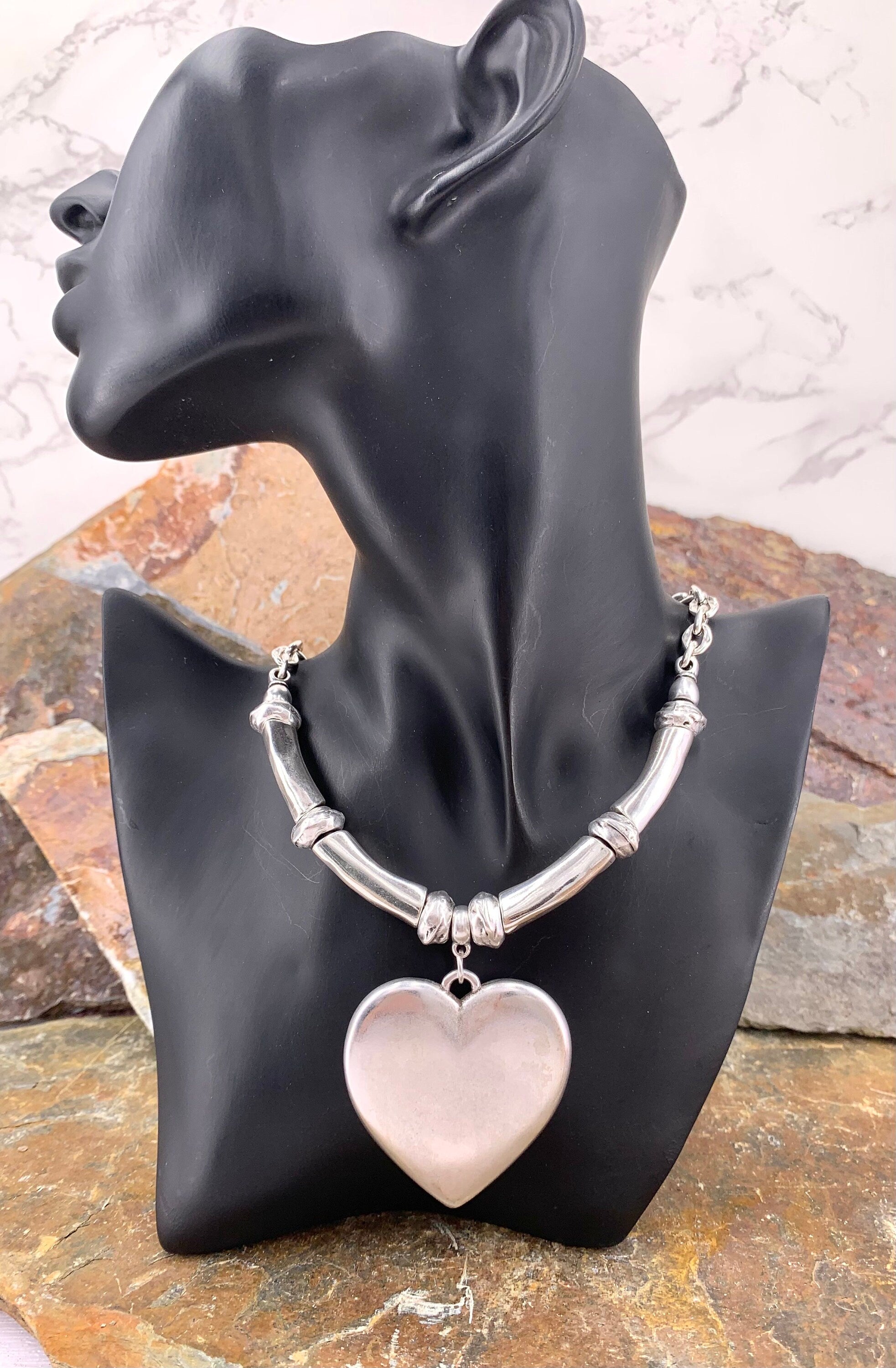 Collar de cadena pesada de plata gruesa con colgante de corazón grande, collar de plata gruesa con colgante de corazón de declaración, collar sólido, gargantilla de plata con monedas,