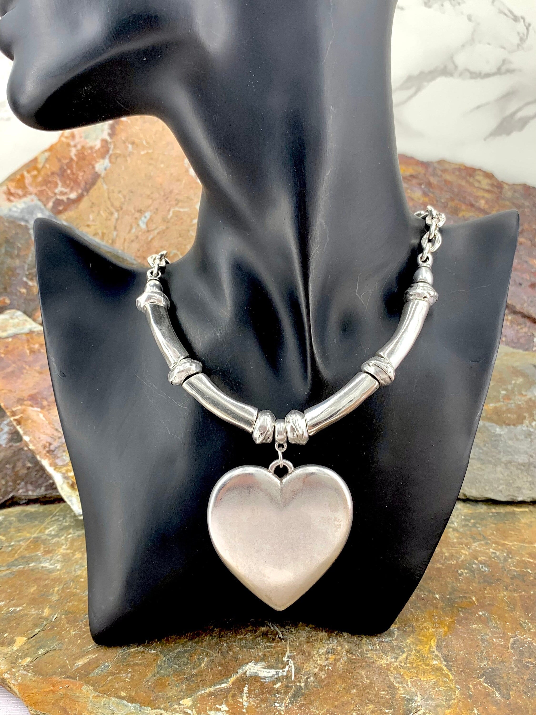 Collar de cadena pesada de plata gruesa con colgante de corazón grande, collar de plata gruesa con colgante de corazón de declaración, collar sólido, gargantilla de plata con monedas,