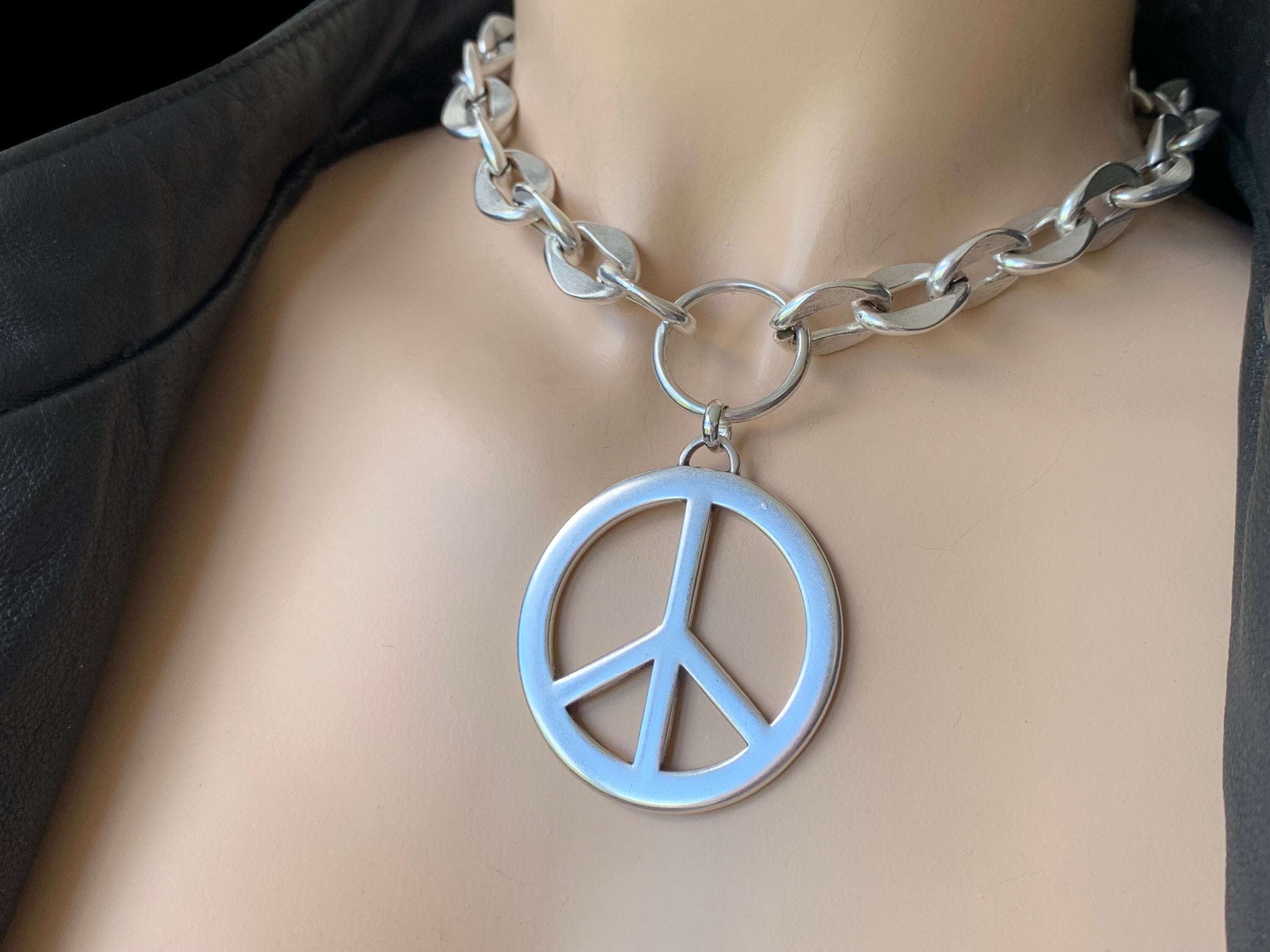 Chunky chain silver choker, silver peace pendant, bold chain necklace, peace pendant necklace, , heavyweight chain choker