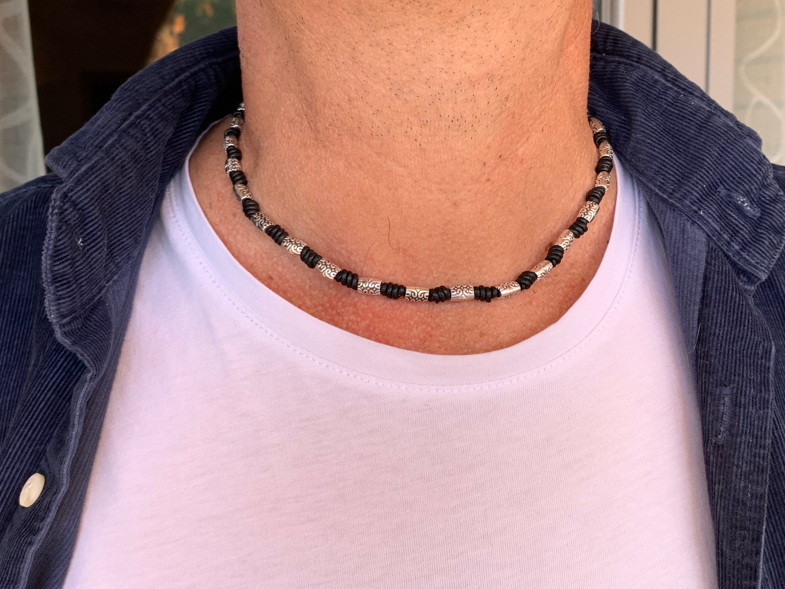 Collar de cuero para hombre, collar de cuero con cuentas, collar anudado para hombre, regalo para hombre. Joyería para hombre, collar bohemio, joyería de cuero.