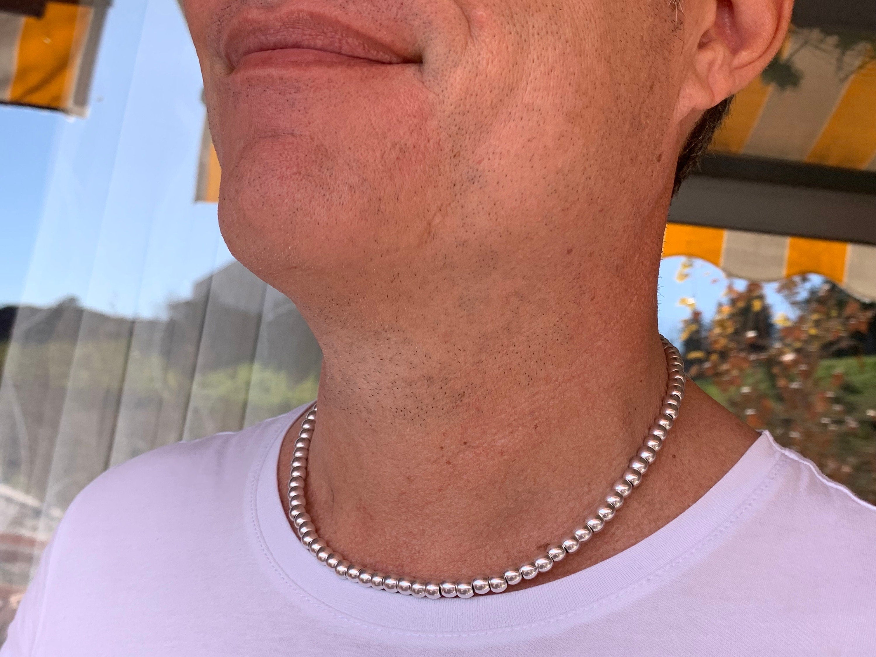 Collar de cuentas de plata para hombre, collar de cuero con cuentas, collar boho para hombre, regalo para hombre. Joyería para hombres, collar boho, gargantilla para hombres