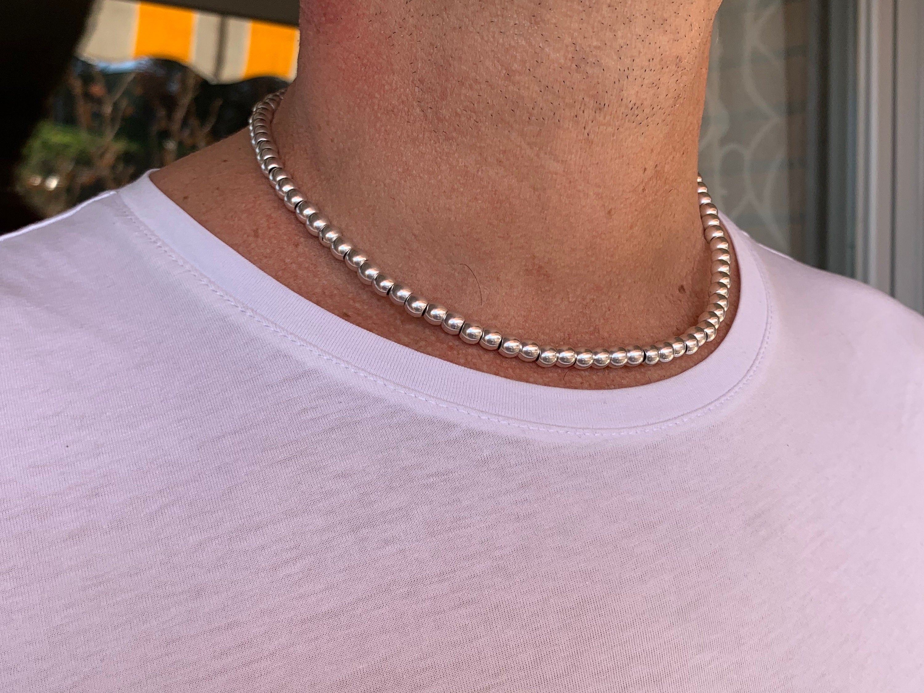 Collar de cuentas de plata para hombre, collar de cuero con cuentas, collar boho para hombre, regalo para hombre. Joyería para hombres, collar boho, gargantilla para hombres