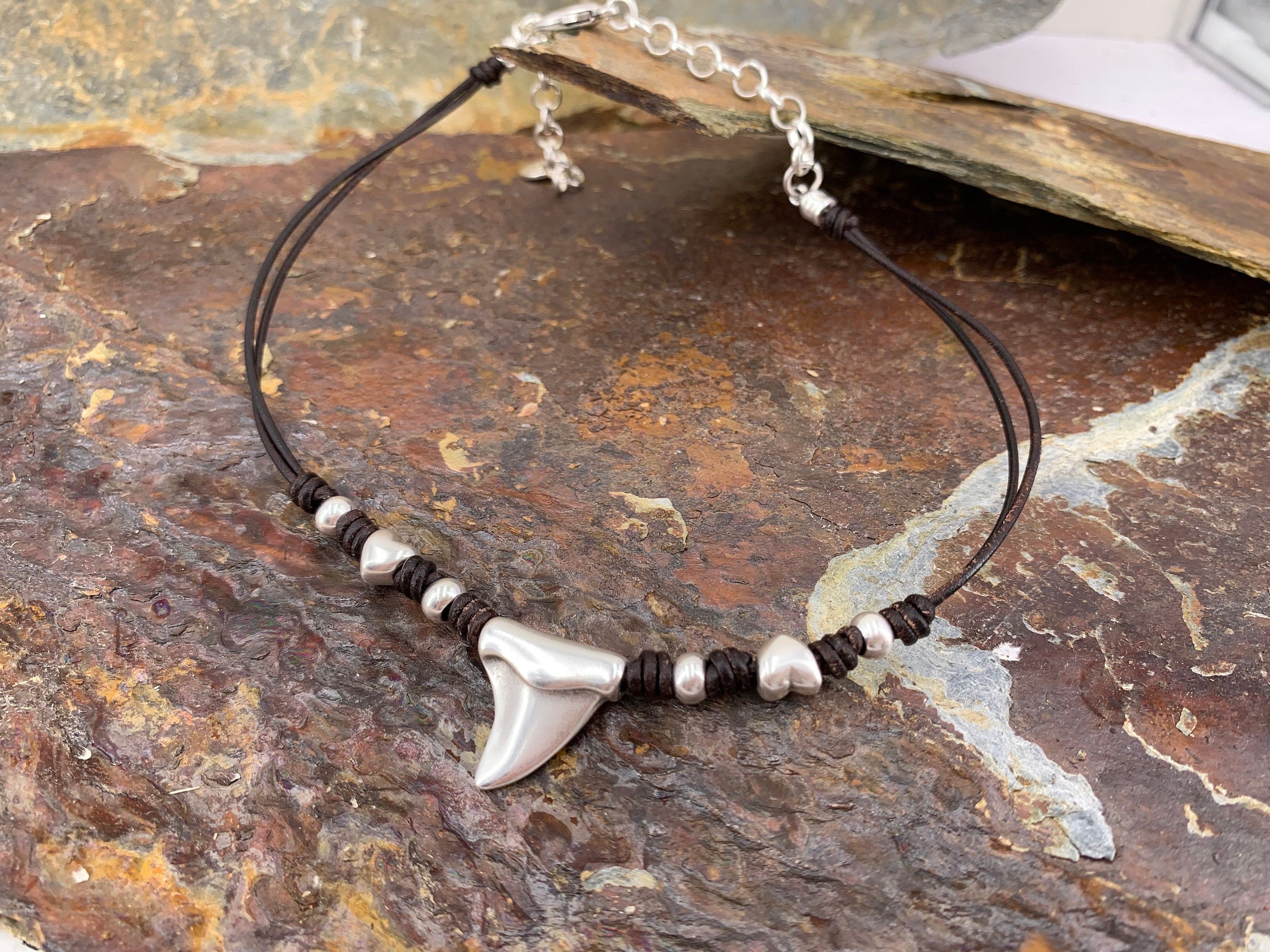 Bohemian leather necklace, pendant necklace, shark tooth necklace, silver beaded necklace, tribal necklace, summertime necklace,