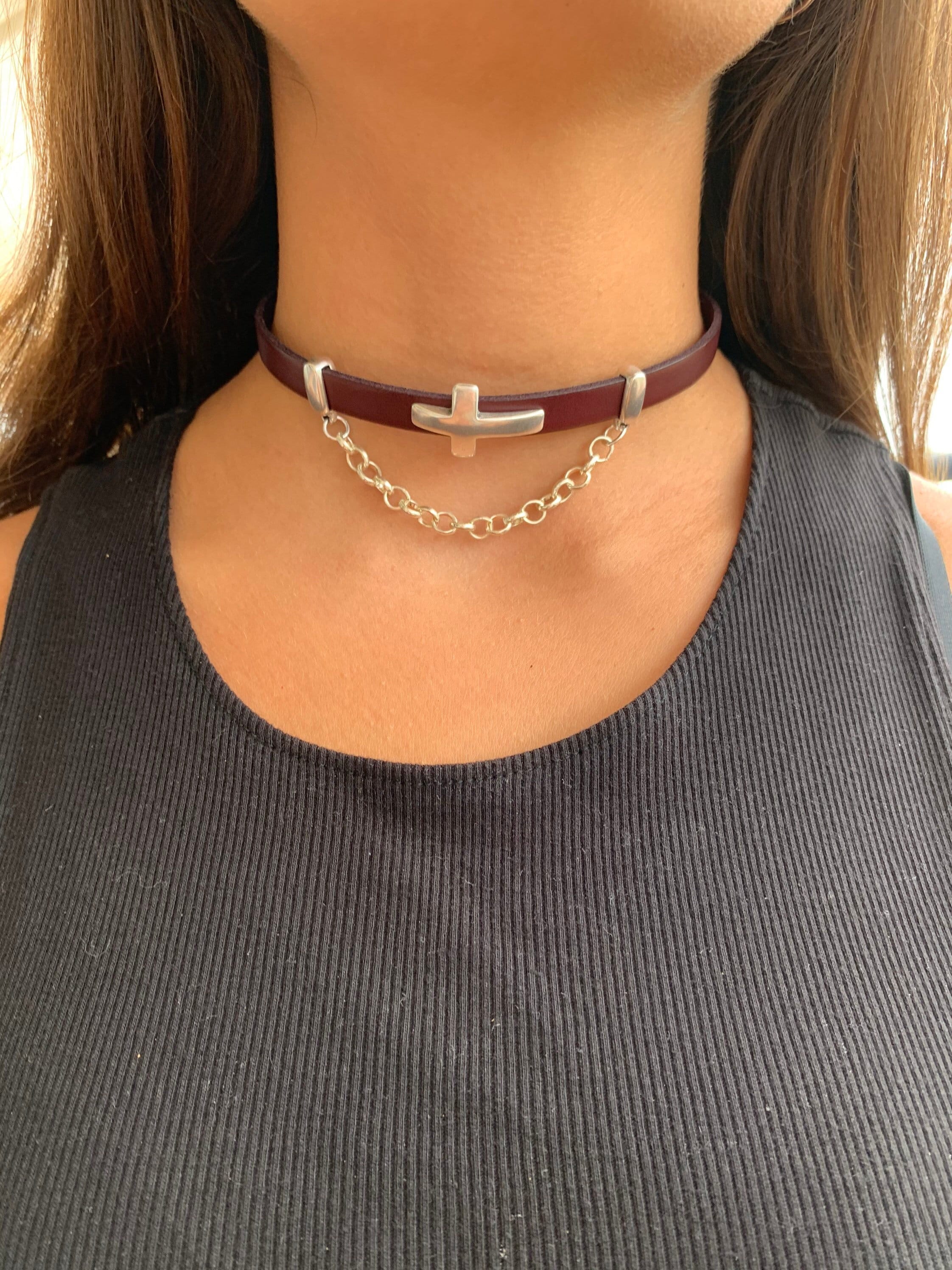 cross necklace, leather necklace, punk necklace, rock style necklace, boho necklace, flat leather necklace, chunky choker, wrap necklace,