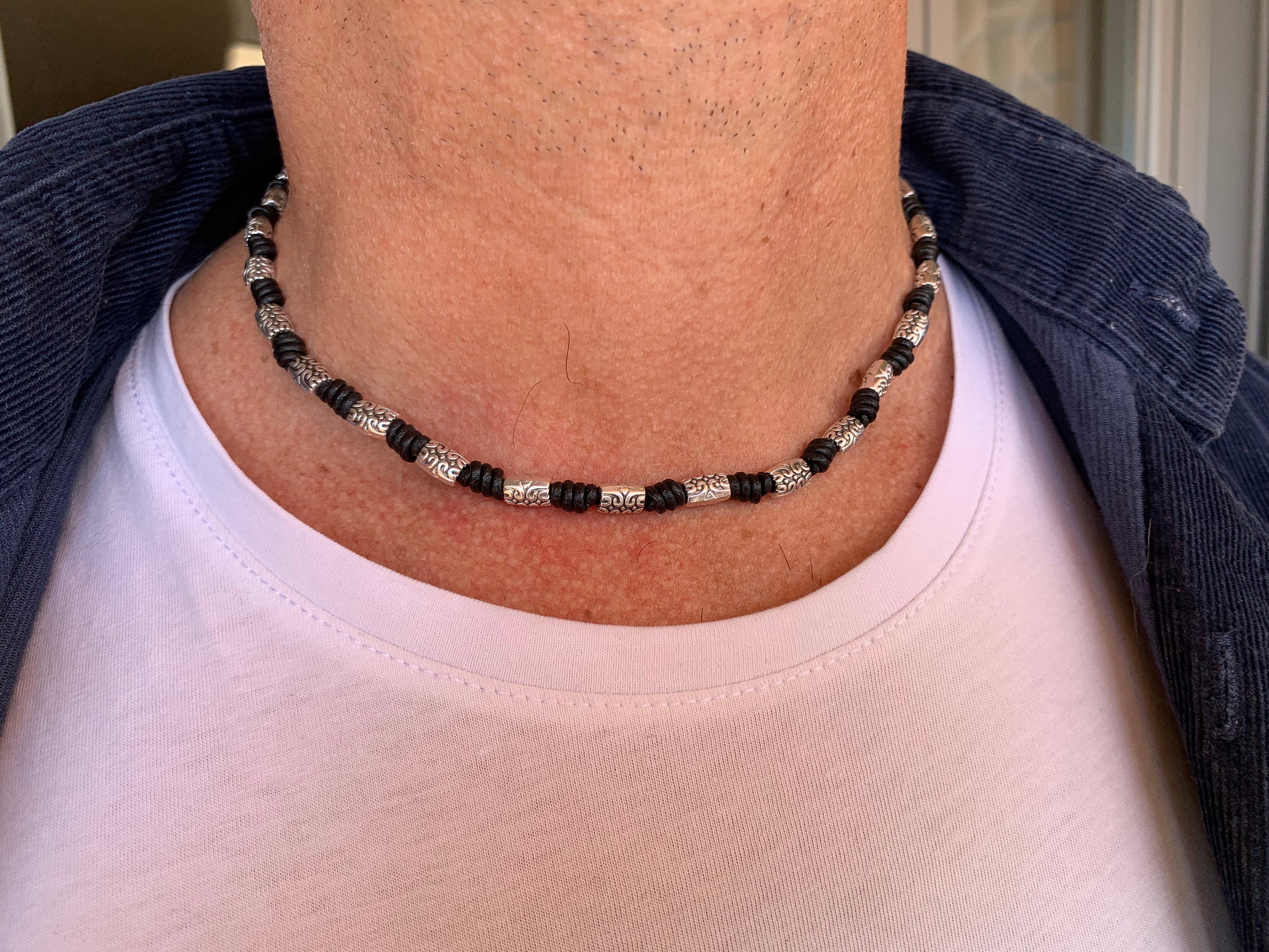 Collar de cuero para hombre, collar de cuero con cuentas, collar anudado para hombre, regalo para hombre. Joyería para hombre, collar bohemio, joyería de cuero.