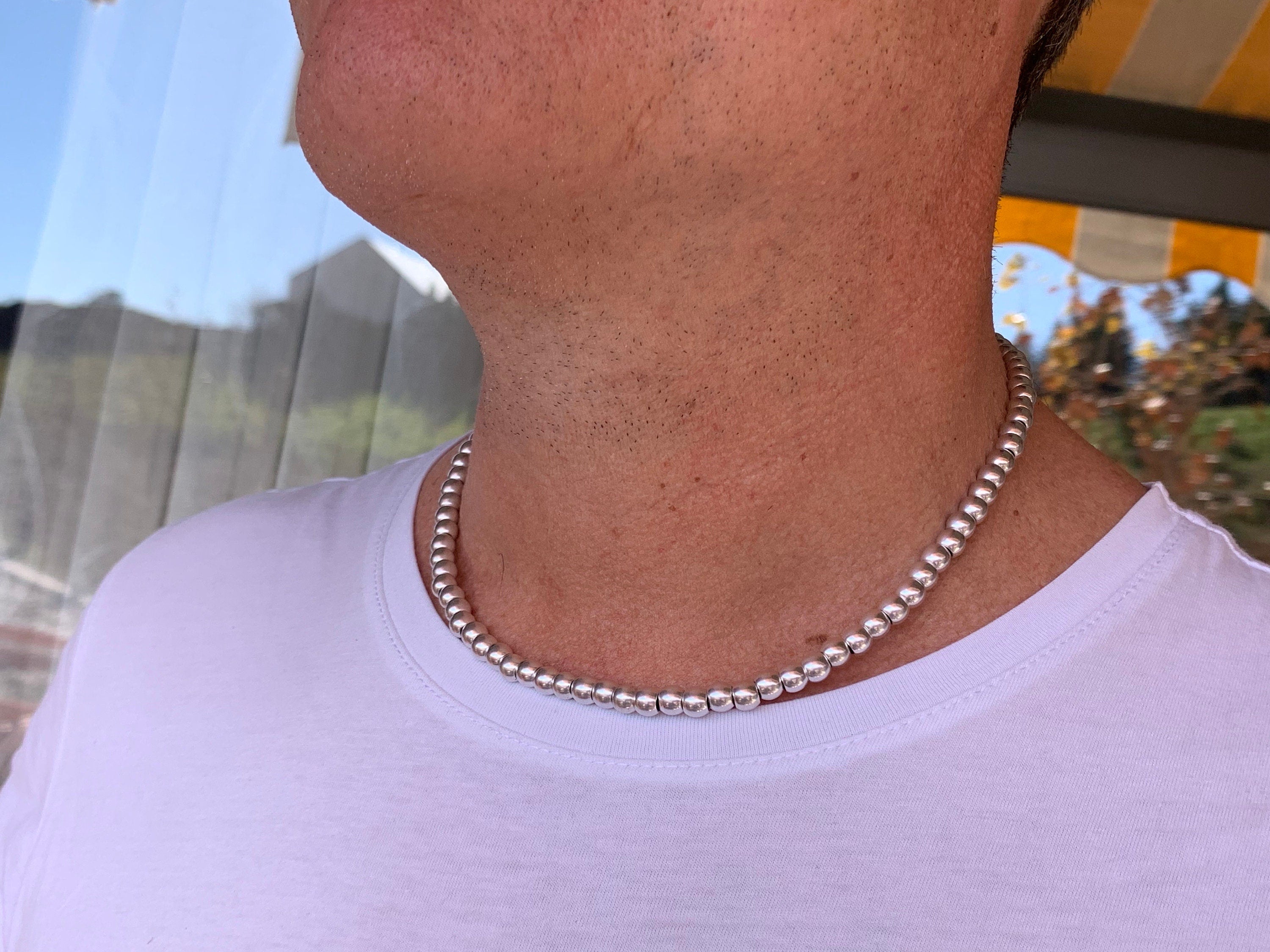 Collar de cuentas de plata para hombre, collar de cuero con cuentas, collar boho para hombre, regalo para hombre. Joyería para hombres, collar boho, gargantilla para hombres