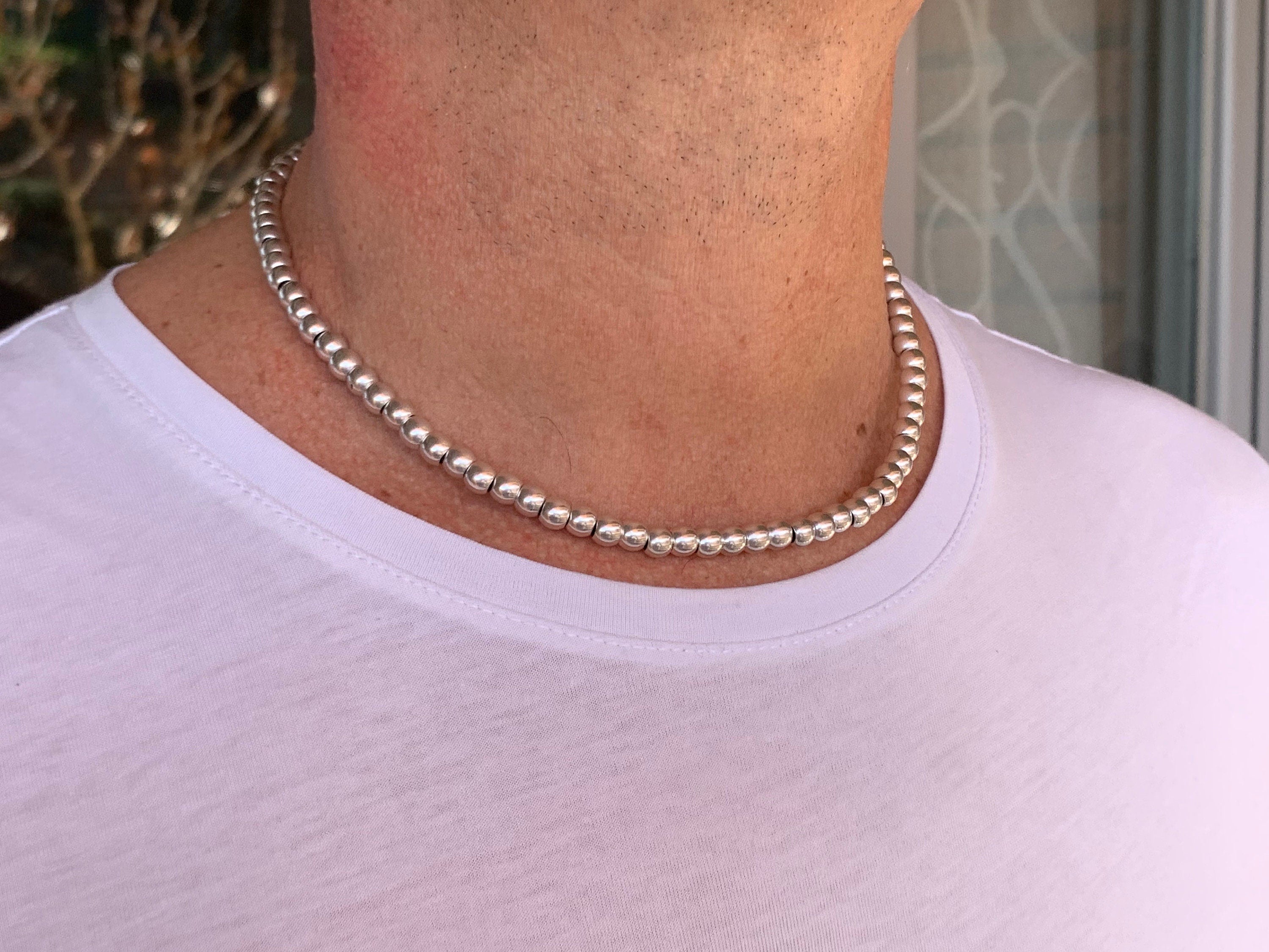 Collar de cuentas de plata para hombre, collar de cuero con cuentas, collar boho para hombre, regalo para hombre. Joyería para hombres, collar boho, gargantilla para hombres