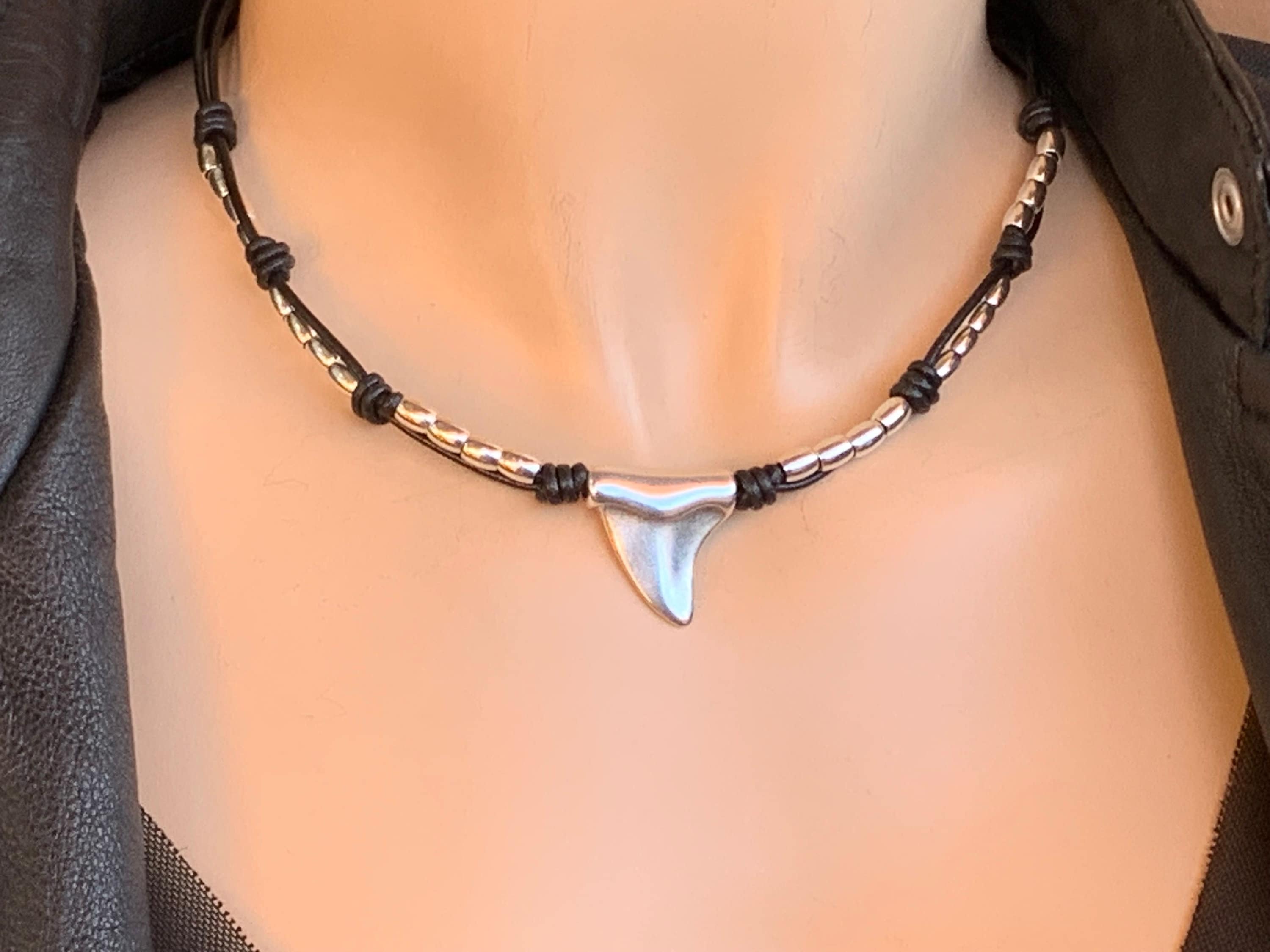 Tribal leather necklace, silver beaded necklace, shark tooth pendant necklace, surfer necklace, women choker, bohemian necklace, gift