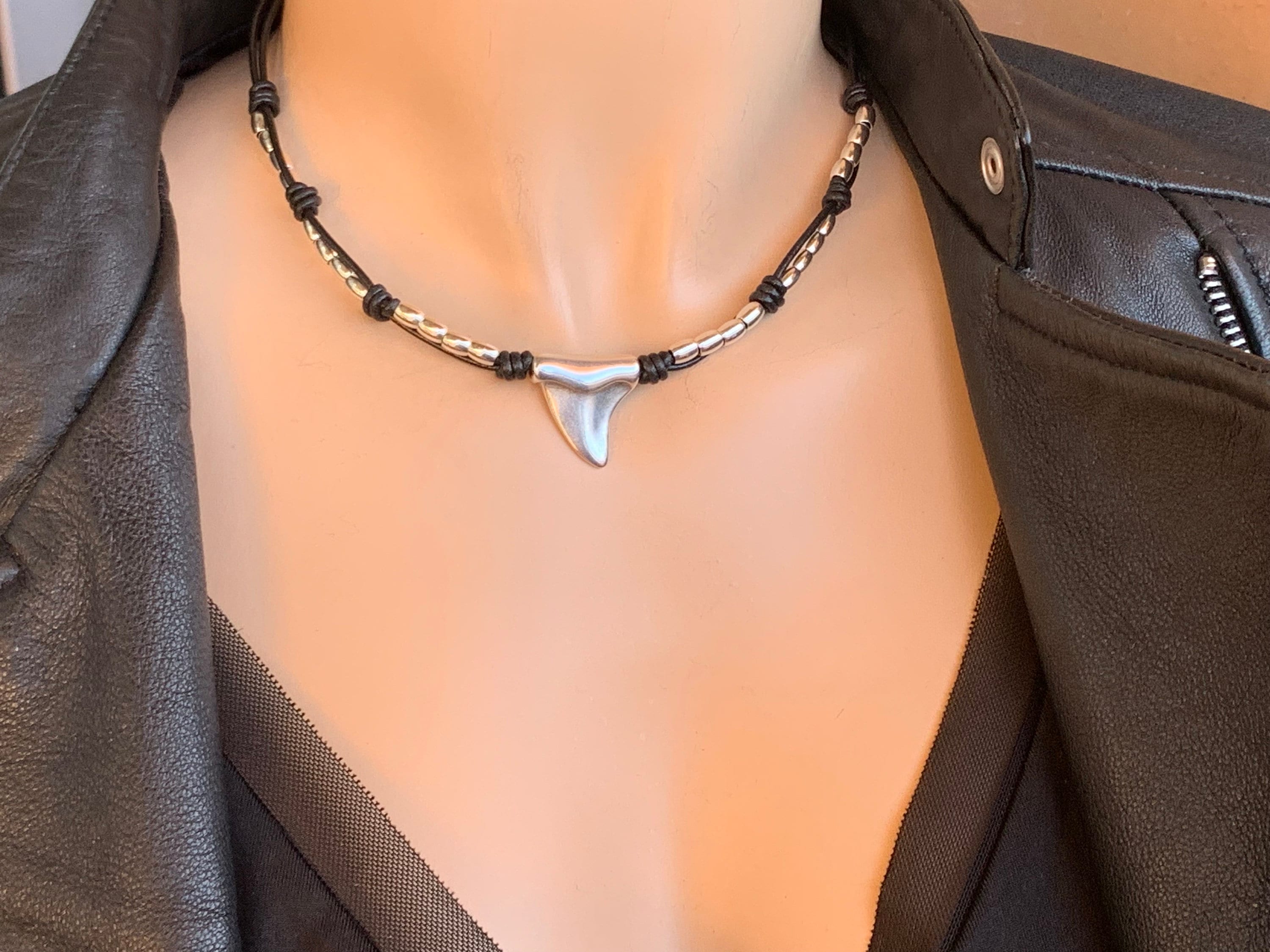 Tribal leather necklace, silver beaded necklace, shark tooth pendant necklace, surfer necklace, women choker, bohemian necklace, gift